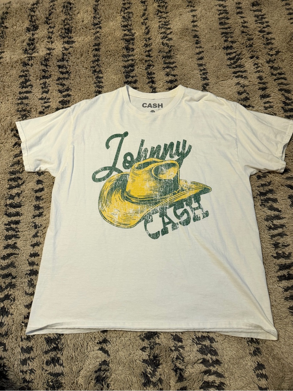 Johnny Cash White Graphic T-Shirt with Yellow & Green Hat Print
